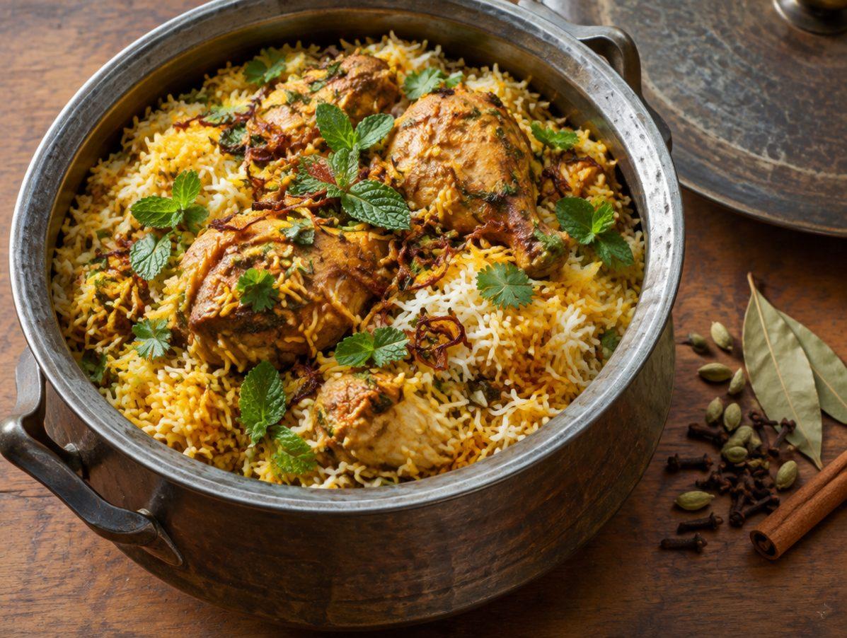 A pot of chicken biryani with saffron-tinted basmati rice, fried onions and fresh herbs, with whole spices alongside