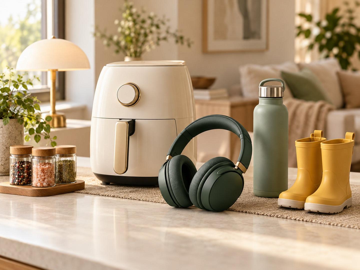 A sunlit kitchen counter with an air fryer, headphones, an insulated water bottle, yellow kids’ rain boots and jars of spices — the kinds of things Buddy helps you choose